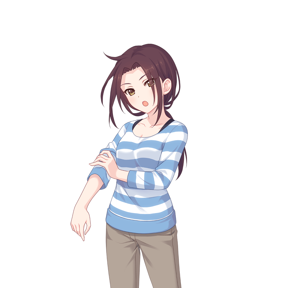 blue_shirt, brown_eyes, brown_hair, hair_behind_ear, looking_at_viewer, official_art, open_mouth, princess_connect!