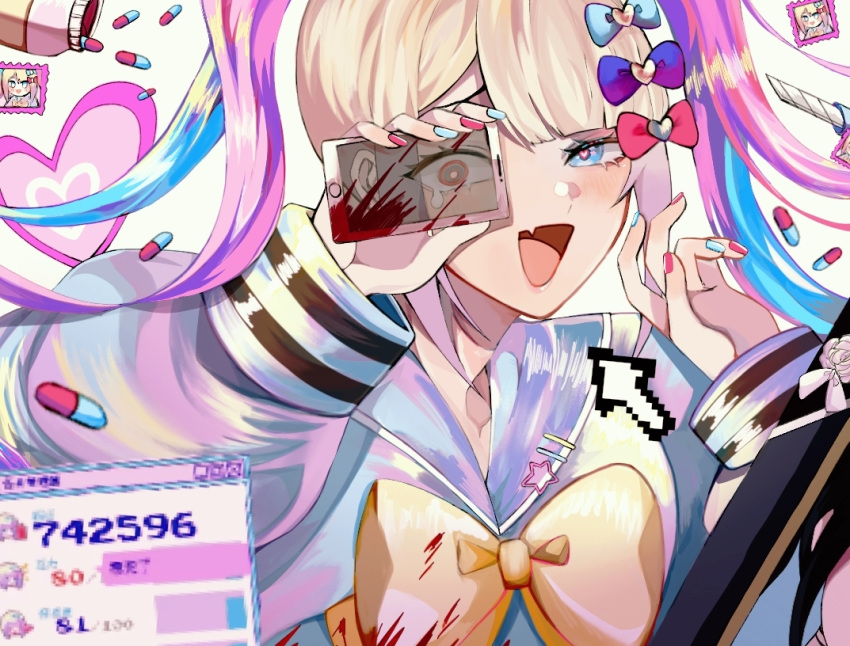 1girl, ame-chan_(needy_girl_overdose), bangs, blonde_hair, blood, blue_bow, blue_eyes, blue_hair, blue_nails, blue_shirt, bow, cellphone, chouzetsusaikawa_tenshi-chan, cursor, dongfangyuechu701, drugs, hair_bow, hair_ornament, heart, heart-shaped_pupils, holding, holding_phone, holographic_clothing, long_hair, long_sleeves, looking_at_viewer, multicolored_hair, multicolored_nails, multiple_hair_bows, needy_girl_overdose, open_mouth, phone, pill, pill_bottle, pink_bow, pink_hair, pink_nails, purple_bow, quad_tails, sailor_collar, school_uniform, serafuku, shirt, smartphone, smile, solo, symbol-shaped_pupils, tears, twintails, upper_body, very_long_hair, window_(computing), yellow_bow