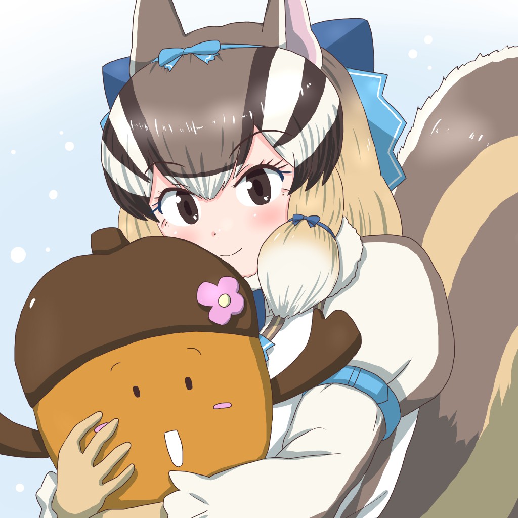 2girls, acorn, animal_ear_fluff, animal_ears, brown_eyes, brown_hair, chipmunk_ears, chipmunk_girl