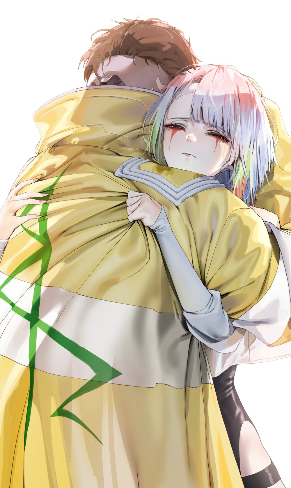 1boy, 1girl, bangs, blue_hair, bodysuit, brown_hair, closed_eyes, cyberpunk