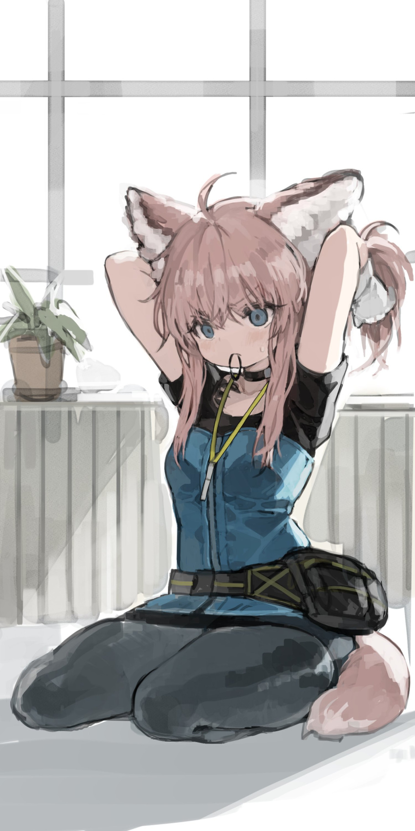 1girl, absurdres, animal_ear_fluff, animal_ears, arknights, arms_behind_head, arms_up, bangs
