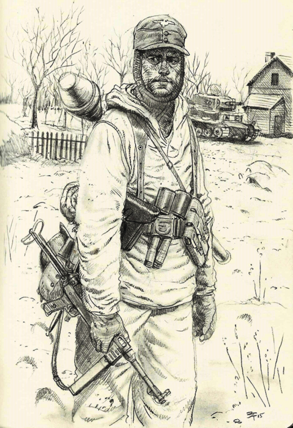 1boy, ammunition_pouch, arm_at_side, armored_vehicle, bag, bare_tree, belt, belt_buckle