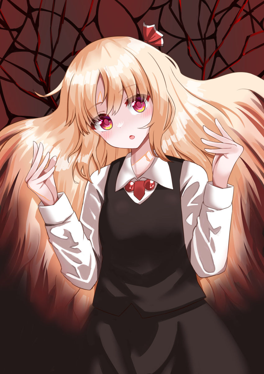 1girl, absurdres, alternate_hair_length, alternate_hairstyle, black_skirt, black_vest, blonde_hair, brown_background