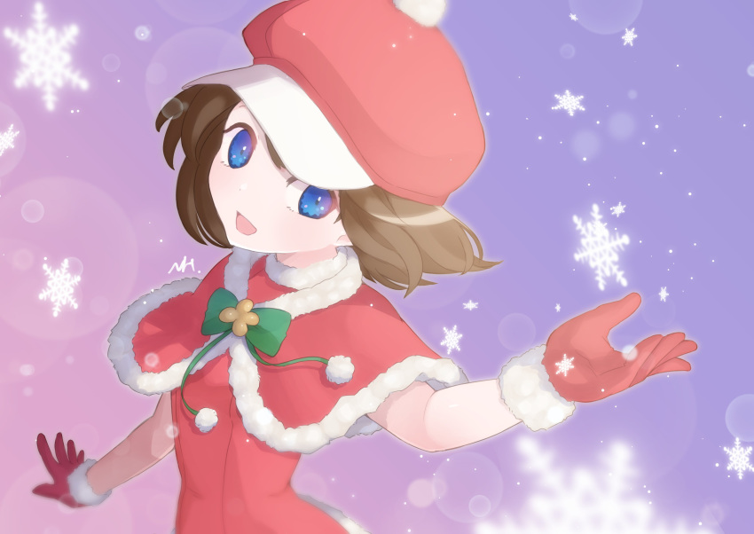 1girl, :d, absurdres, blue_eyes, brown_hair, christmas, fur_trim, haruka_(saru_getchu), hat, highres, looking_at_viewer, open_mouth, outstretched_hand, saru_getchu, short_hair, smile, snowflakes, solo, supure647