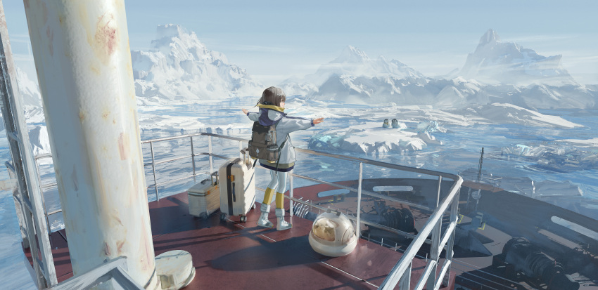 1girl, absurdres, ata-zhubo, backpack, bag, bird, blue_jacket, blue_sky, boots, brown_hair, cat, cold, english_commentary, fog, from_behind, full_body, hair_ornament, highres, hood, hood_down, hooded_jacket, iceberg, impasto, jacket, leggings, long_sleeves, multicolored_clothes, multicolored_jacket, ocean, original, outstretched_arms, parka, penguin, pet_carrier, railing, rolling_suitcase, rust, scenery, shadow, ship, sky, solo, spread_arms, standing, suitcase, watercraft, white_footwear, white_jacket, white_leggings