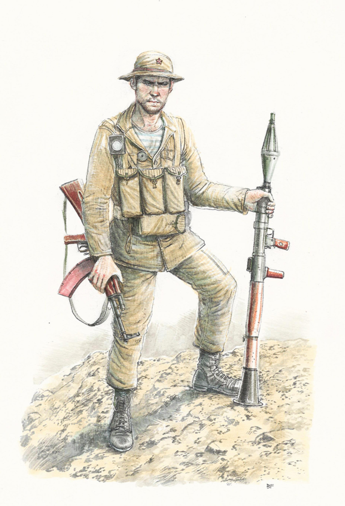 1boy, akm, ammunition_pouch, assault_rifle, black_footwear, blue_shirt, boots, brown_jacket