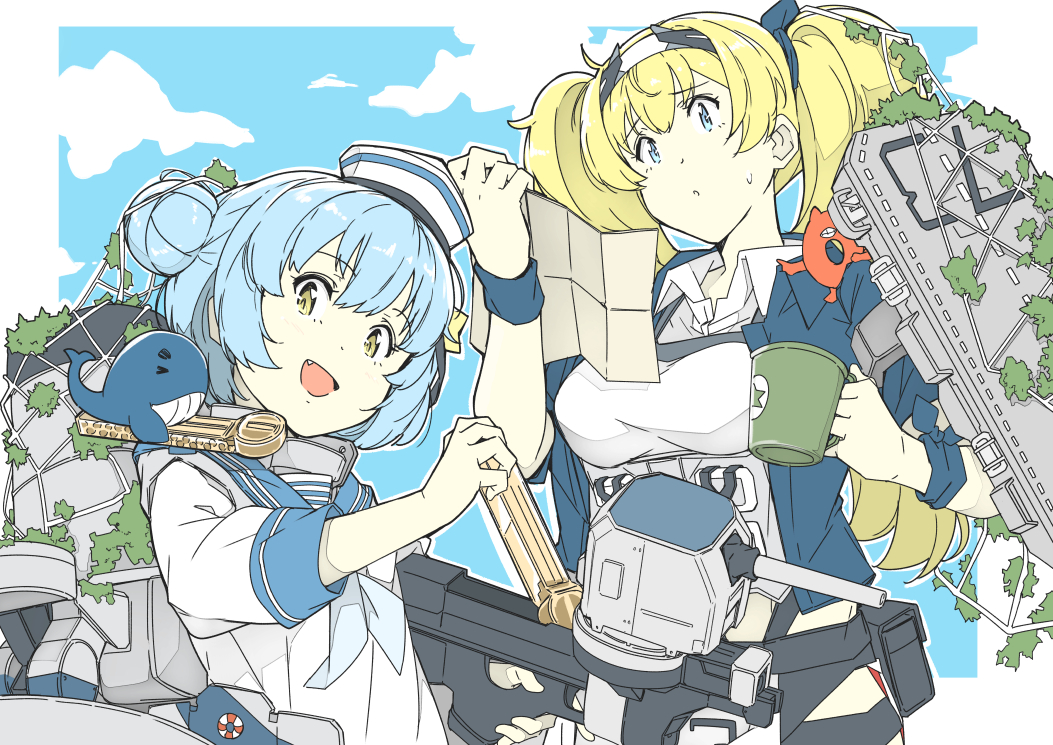2girls, aqua_neckerchief, blonde_hair, blue_eyes, blue_hair, blue_sailor_collar, blush, cup