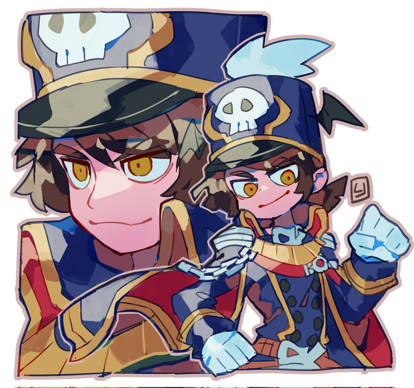 1boy, bangs, belt, black_coat, black_headwear, black_wings, brown_belt, brown_eyes