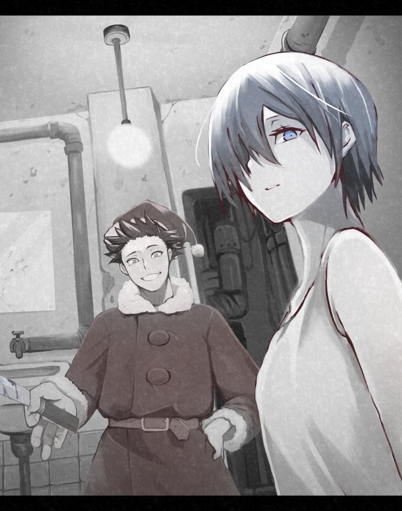 1boy, 1girl, aqua_hair, belt, black_hair, blood, breasts, chikuwa0u0