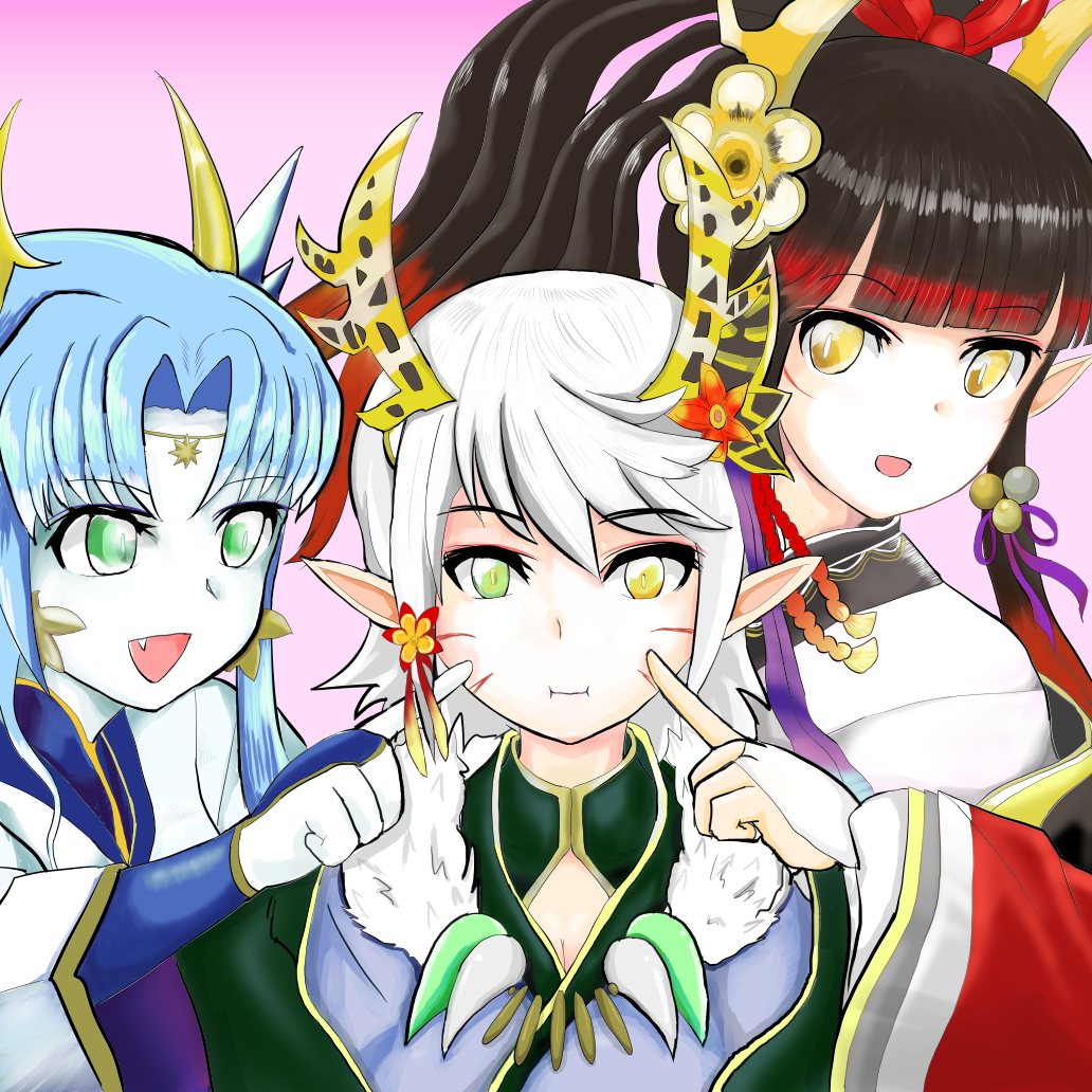 3girls, flower, green_eyes, kaede_(p&amp;d), kimono, long_hair, red_ribbon, sumire_(p&amp;d)