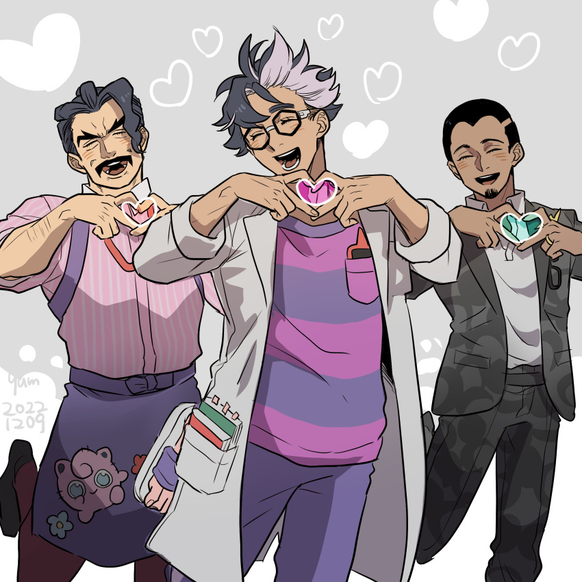 3boys, :d, absurdres, apron, bangs, blush, character_print, closed_eyes