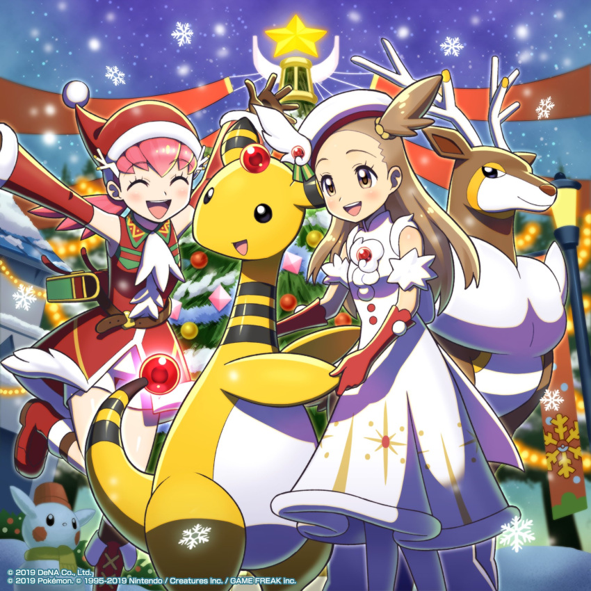 2girls, :d, ampharos, bangs, belt, blush, boots, brown_belt
