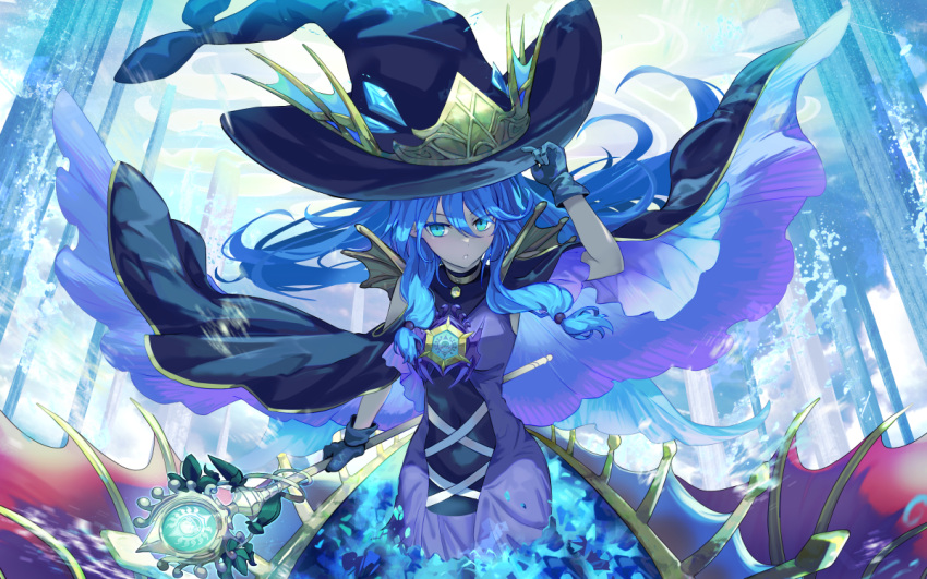 1girl, ariel_(yu-gi-oh!), bangs, black_gloves, blue_eyes, blue_hair, duel_monster, evigishki_nereimanas