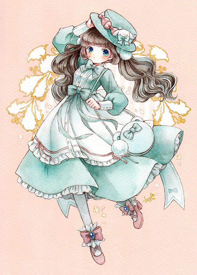 1girl, adjusting_clothes, adjusting_headwear, animal_bag, animal_ears, ankle_cuffs, aqua_bag, aqua_bow, aqua_bowtie, aqua_dress, aqua_headwear, bag, bangs, blue_eyes, blue_gemstone, boater_hat, bow, bowtie, brooch, brown_hair, bunny_head, center_frills, dress, frilled_dress, frills, full_body, gem, hair_ornament, hand_on_headwear, hat, hat_bow, high_heels, holding, holding_bag, jewelry, lolita_fashion, long_hair, long_sleeves, low_twintails, mixed-language_commentary, multiple_hat_bows, original, painting_(medium), pink_background, pink_bow, pink_footwear, pinstripe_bow, pom_pom_(clothes), pom_pom_hair_ornament, puffy_long_sleeves, puffy_sleeves, ribbon, sakano_machi, shoulder_bag, signature, sleeve_cuffs, solo, traditional_media, twintails, two-tone_dress, watercolor_(medium), wavy_hair, white_dress