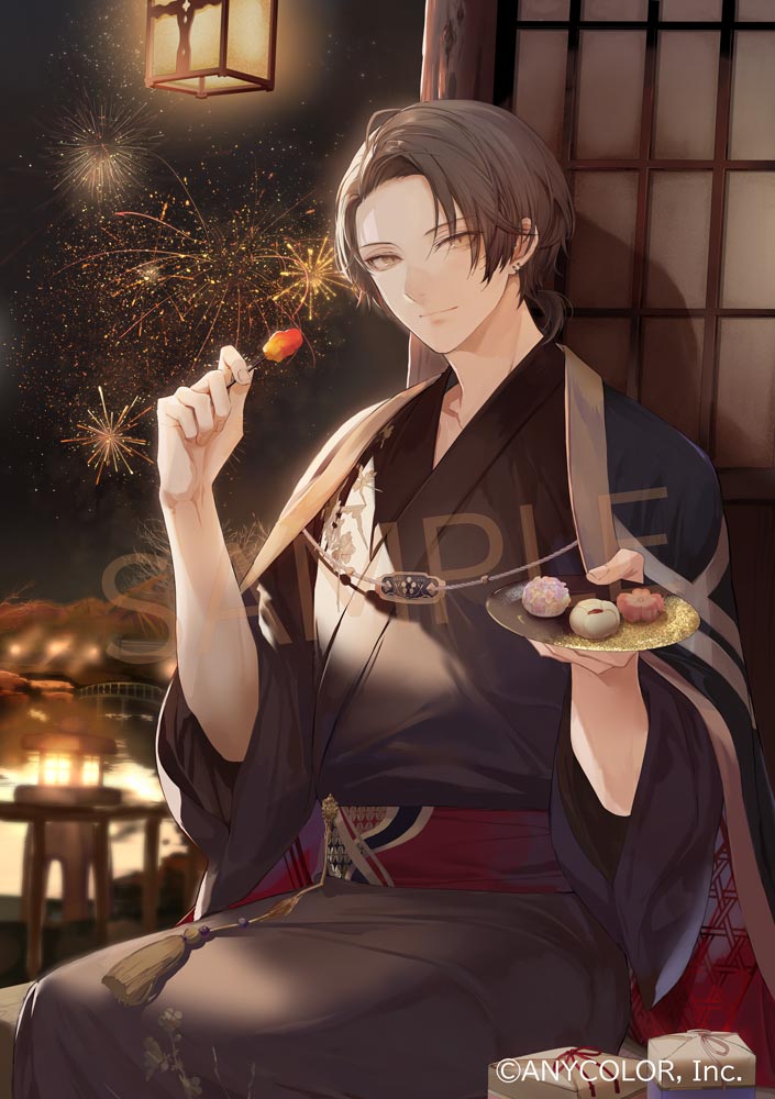 1boy, aerial_fireworks, bangs, black_cape, black_kimono, bridge, brown_eyes, brown_hair