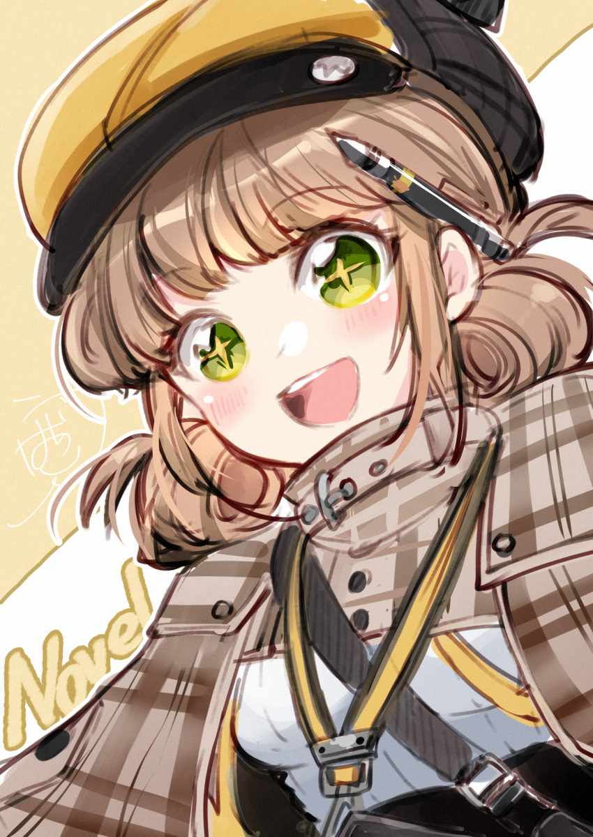 +_+, 1girl, :d, bangs, blunt_bangs, blush, brown_capelet, brown_cloak, brown_hair, capelet, character_name, cloak, cross-shaped_pupils, deerstalker, detective, goddess_of_victory:_nikke, green_eyes, hat, highres, novel_(nikke), open_mouth, orange_headwear, pen, pen_behind_ear, plaid, plaid_capelet, plaid_cloak, shindo_hachigo, short_hair, short_twintails, sidelocks, smile, solo, symbol-shaped_pupils, twintails