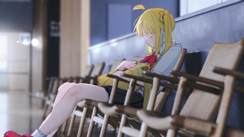 1girl, ahoge, backpack, bag, bangs, blonde_hair, blue_skirt, bocchi_the_rock!