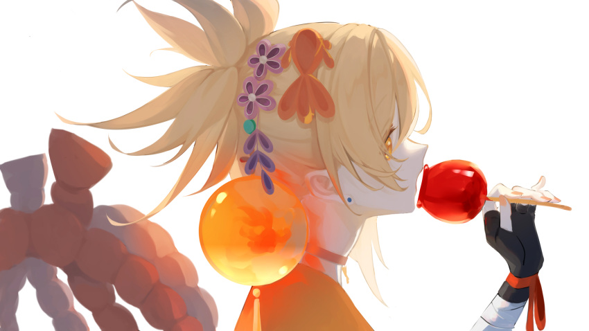 1girl, absurdres, blonde_hair, brown_gloves, butterfly_choker, candy_apple, choker, ear_piercing, fingerless_gloves, fish, fish_hair_ornament, flower, food, from_side, genshin_impact, gloves, goldfish, hair_ornament, highres, japanese_clothes, kimono, noi_(nuoyawupengchuan), open_mouth, orange_eyes, orange_kimono, orange_ribbon, piercing, profile, red_choker, red_flower, red_rose, ribbon, rose, solo, updo, upper_body, wrist_ribbon, yoimiya_(genshin_impact)
