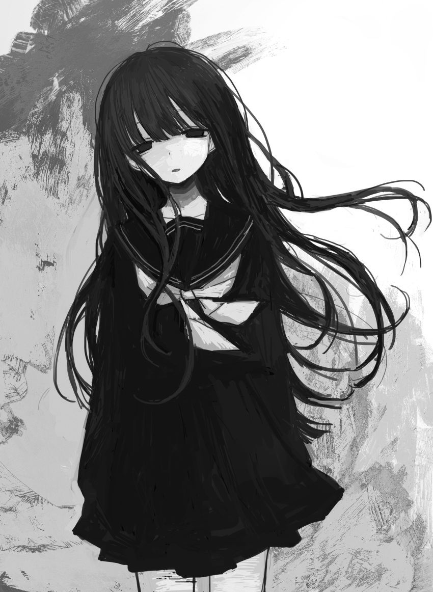 1girl, absurdres, bags_under_eyes, bangs, black_eyes, blunt_bangs, collarbone, cowboy_shot