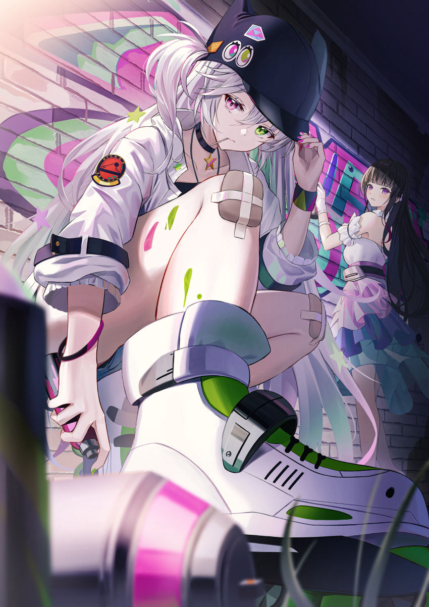 2girls, absurdres, adjusting_clothes, adjusting_headwear, animal_ears, animal_hat, arm_garter, bandaid