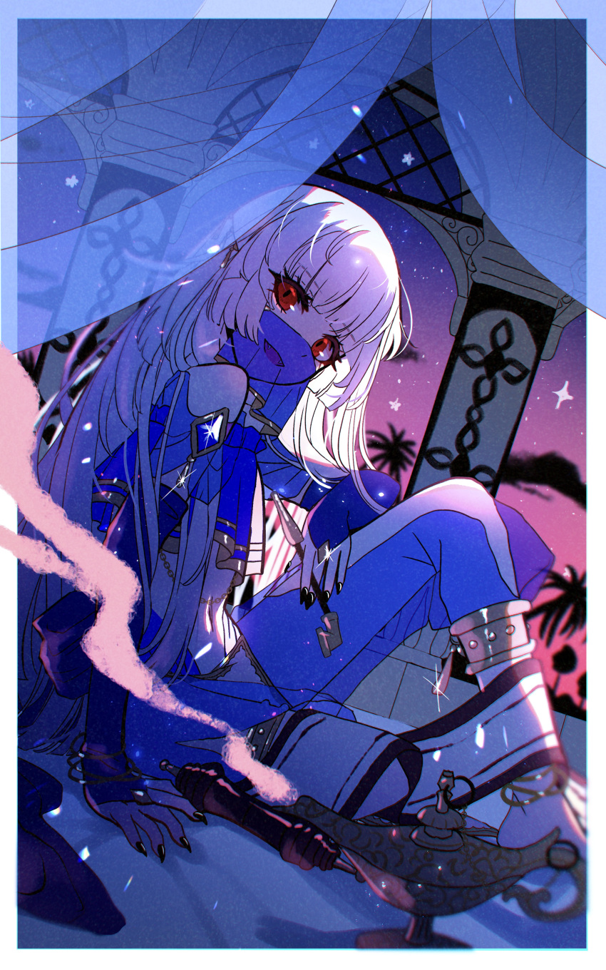 1boy, :d, absurdres, anklet, arabian_architecture, arabian_clothes, bangs, barefoot