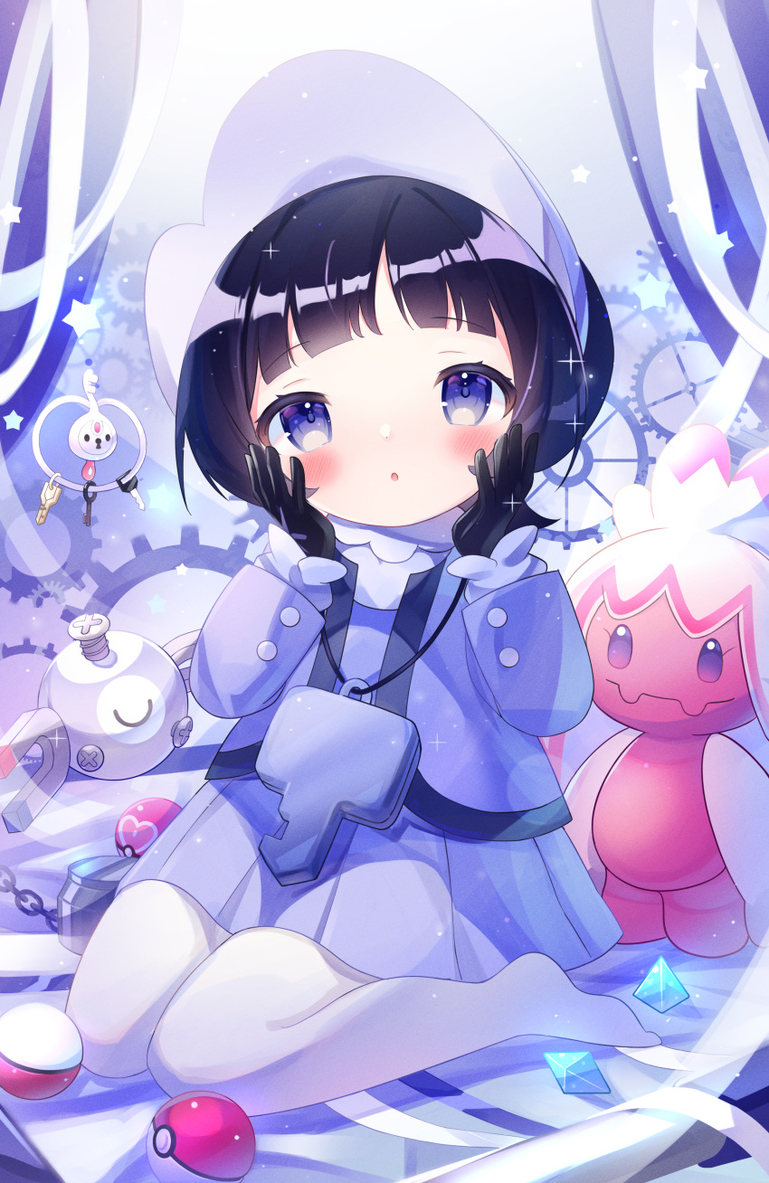 1girl, absurdres, bangs, black_gloves, black_hair, blue_eyes, blush, commentary_request