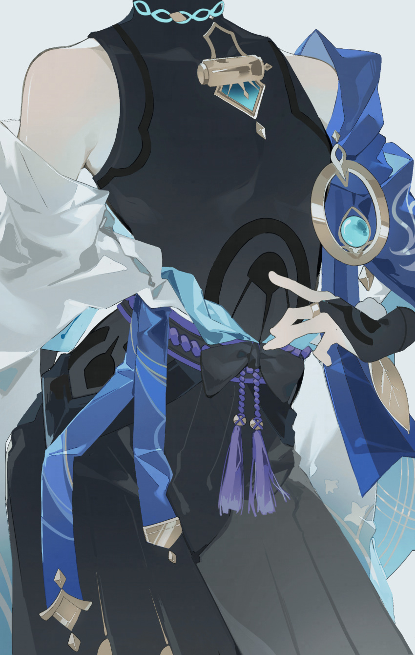 1boy, absurdres, animated, animated_gif, blue_gemstone, blue_vest, gem, genshin_impact, gold, highres, male_focus, mandarin_collar, open_clothes, open_vest, pom_pom_(clothes), purple_belt, scaramouche_(genshin_impact), solo, two-tone_vest, vest, vision_(genshin_impact), wanderer_(genshin_impact), xiannu168