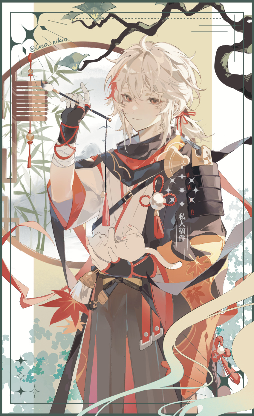1boy, absurdres, architecture, bandaged_hand, bandages, bangs, bishounen, black_gloves, black_scarf, black_shorts, calligraphy_brush, cat, crossed_bangs, east_asian_architecture, fingerless_gloves, genshin_impact, gloves, grey_hair, hair_between_eyes, hakama, hakama_shorts, highres, holding, japanese_clothes, kaedehara_kazuha, male_focus, medium_hair, multicolored_hair, paintbrush, pom_pom_(clothes), red_eyes, red_scarf, redhead, scarf, short_hair, short_ponytail, shorts, sidelocks, solo, streaked_hair, tassel, white_hair, white_hakama, xiannu168