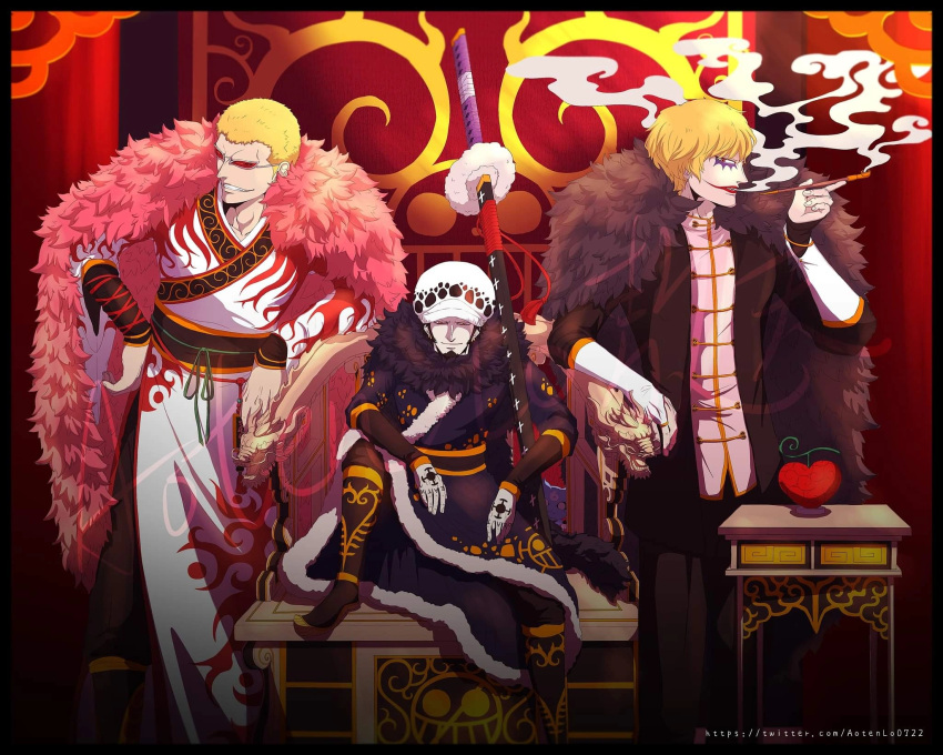3boys, arm_tattoo, black_coat, blonde_hair, chinese_clothes, coat, donquixote_doflamingo, donquixote_rocinante, dragon, eastern_dragon, food, fruit, fur_coat, fur_trim, highres, holding, holding_smoking_pipe, holding_weapon, light_smile, looking_at_viewer, makeup, multiple_boys, npes_1017, one_piece, patterned_background, patterned_clothing, pink_coat, red_theme, short_hair, sitting, smoke, smoking_pipe, standing, sunglasses, sword, tattoo, throne, trafalgar_law, twitter_username, watermark, weapon, white_headwear