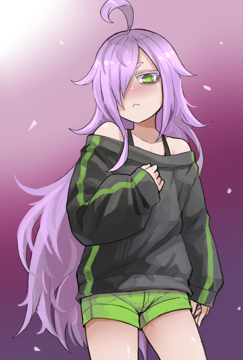 1girl, :<, ahoge, bra_strap, cowboy_shot, frown, green_eyes, green_shorts