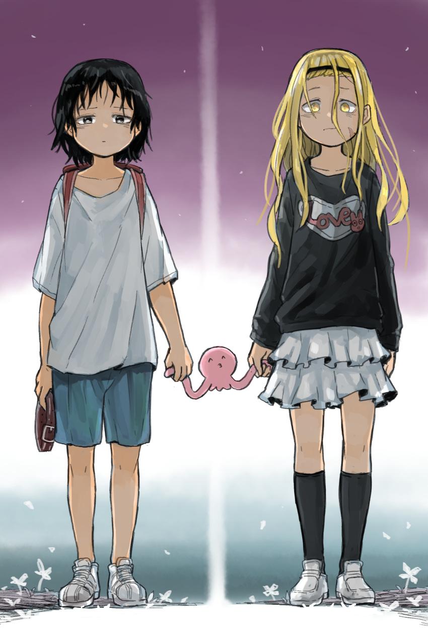 2girls, backpack, bag, black_eyes, black_hair, blonde_hair, blue_shorts, frilled_skirt