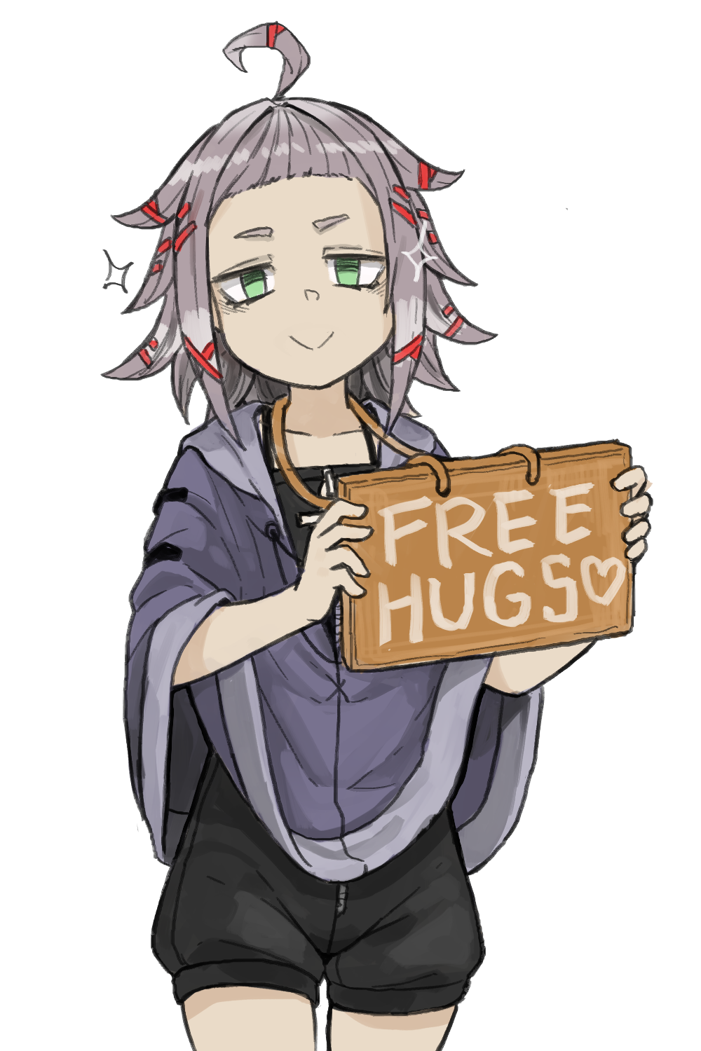 1girl, :>, ahoge, bags_under_eyes, black_shorts, cowboy_shot, free_hugs, green_eyes