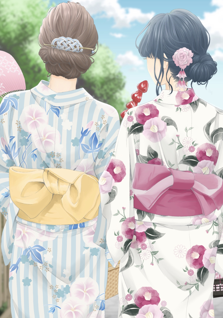 1girl, 2girls, absurdres, basket, blue_hair, blue_kimono, blue_sky, brown_hair