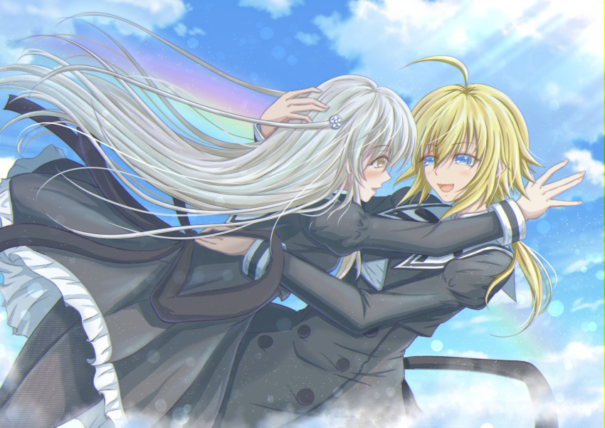 2girls, ahoge, amano_soraha, assault_lily, bangs, black_pantyhose, black_ribbon, black_skirt
