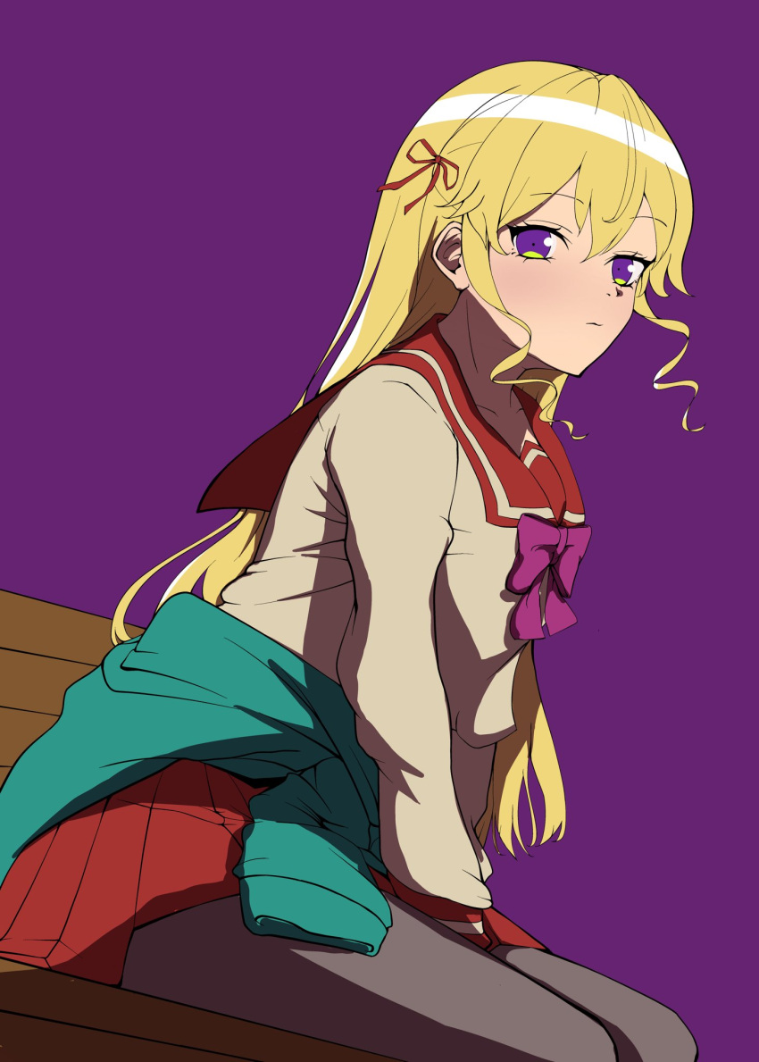 1girl, aqua_shirt, assault_lily, bangs, bench, blonde_hair, bow, bowtie