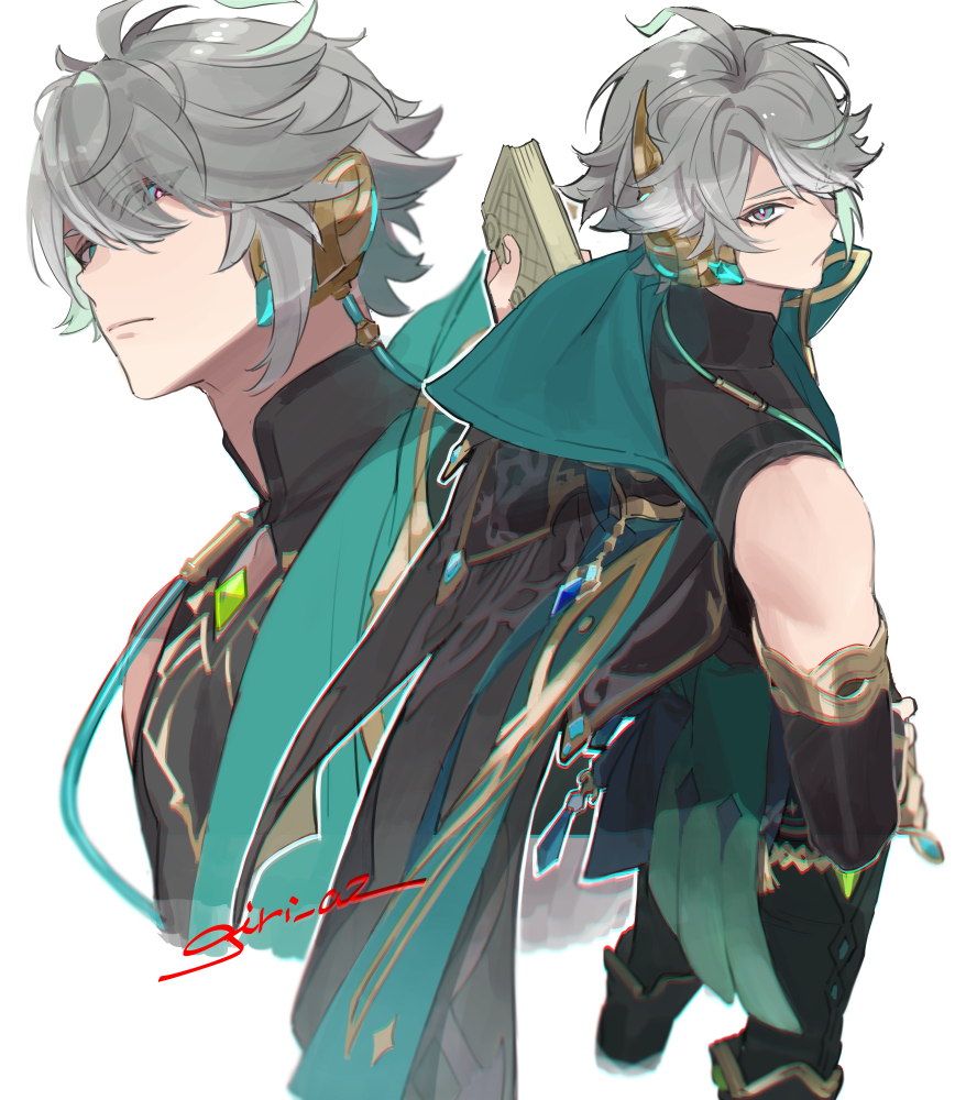 1boy, ahoge, alhaitham_(genshin_impact), artist_name, bangs, bare_shoulders, black_gloves, black_pants, black_shirt, book, cable, cape, closed_mouth, commentary, elbow_gloves, expressionless, eyes_visible_through_hair, feet_out_of_frame, fingerless_gloves, gem, genshin_impact, gloves, gold_trim, gr_giri, green_cape, green_eyes, green_hair, grey_hair, hair_over_one_eye, hand_on_hip, hand_up, holding, holding_book, looking_at_viewer, looking_back, male_focus, multicolored_hair, multiple_views, pants, shirt, short_hair, shoulder_cape, sidelocks, signature, simple_background, sleeveless, sleeveless_shirt, solo, standing, swept_bangs, upper_body, white_background