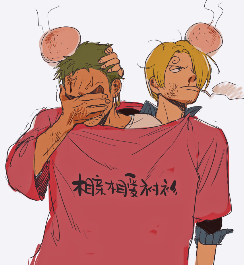2boys, absurdres, anger_vein, blonde_hair, clothes_writing, collared_shirt, curly_eyebrows, facepalm