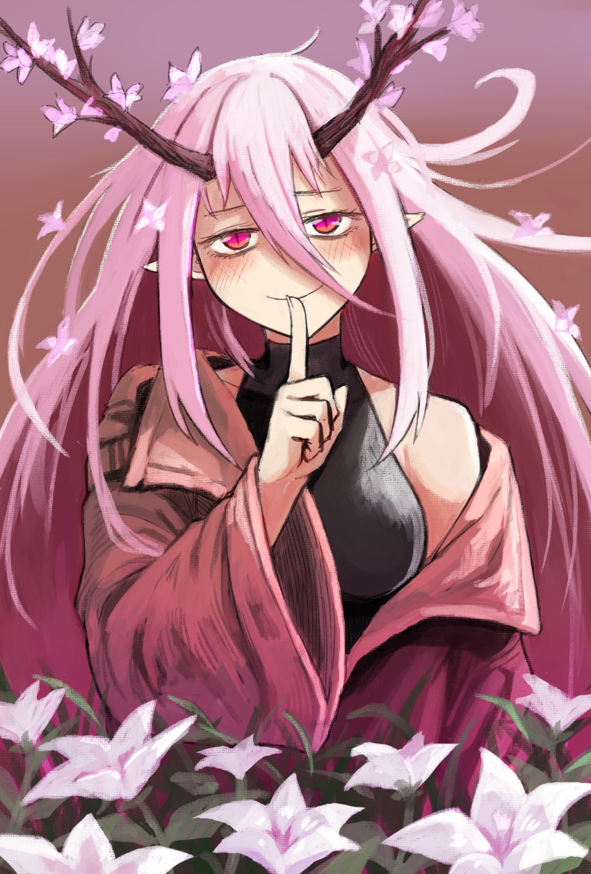 1girl, antlers, breasts, coat, finger_to_mouth, flower, highres, linne_(ruielinne)