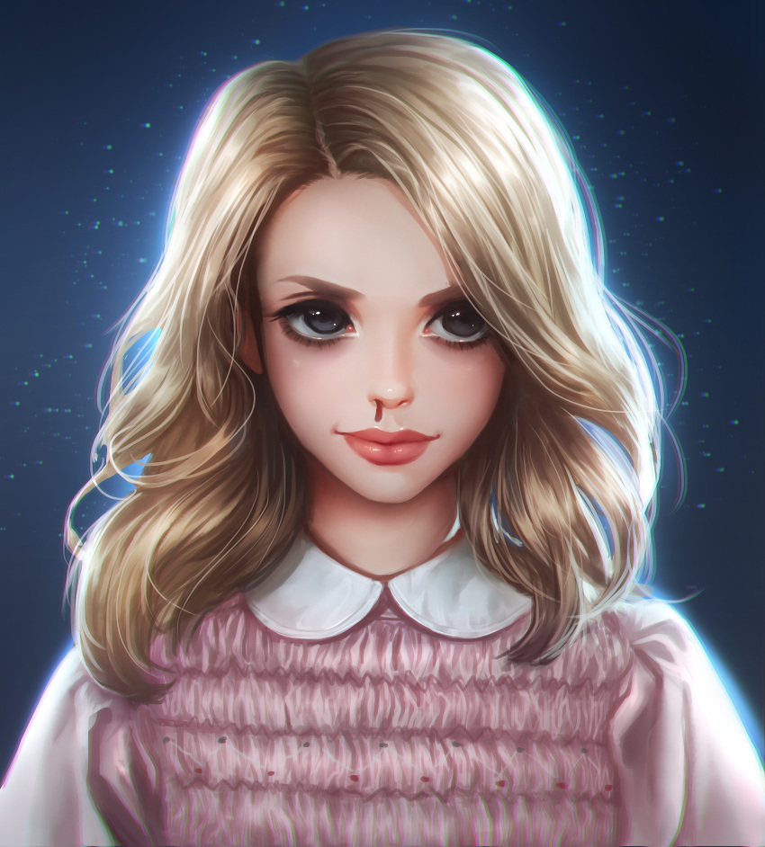 1girl, absurdres, black_background, black_eyes, blonde_hair, blood, closed_mouth, collar