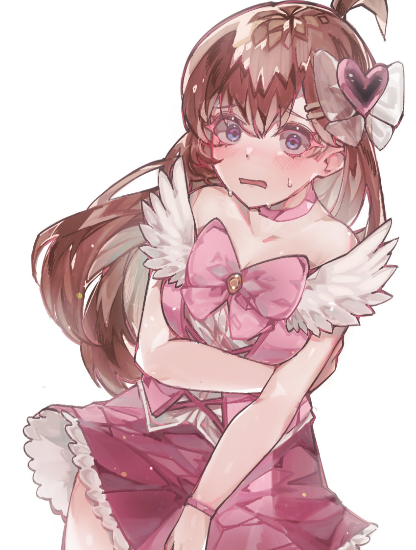 1girl, ahoge, blue_eyes, brown_hair, cosplay, dress, feruca, hair_ornament