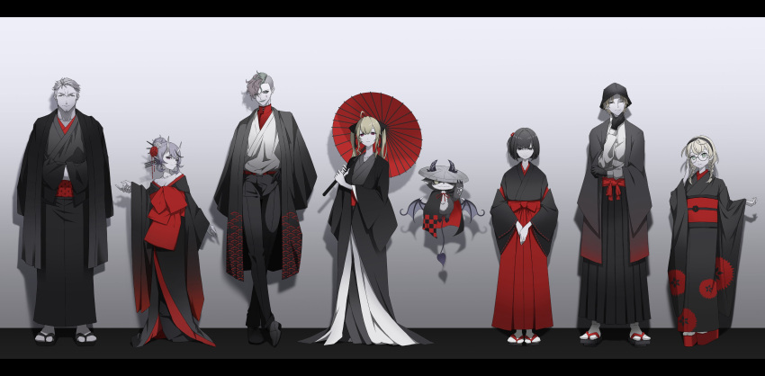 1other, 3boys, 4girls, absurdres, amemori_sayo, bat_wings, braid, closed_eyes