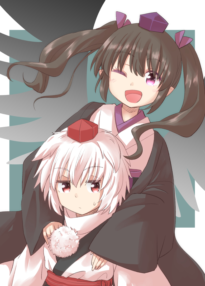 2girls, ;d, animal_ears, bird_wings, black_wings, brown_hair, closed_mouth, hat, himekaidou_hatate, hug, inubashiri_momiji, japanese_clothes, kimono, kourindou_tengu_costume, long_sleeves, looking_at_viewer, multiple_girls, naegi_(naegidokoro), official_alternate_costume, one_eye_closed, open_mouth, pointy_ears, purple_headwear, red_eyes, red_headwear, smile, sweatdrop, tokin_hat, touhou, twintails, upper_body, violet_eyes, white_kimono, wings, wolf_ears, wolf_girl