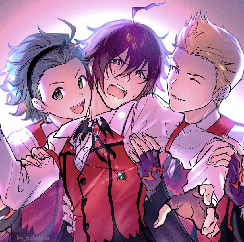 3boys, ahoge, amagase_touma, b4_bababibe, blonde_hair, blue_eyes, brown_eyes, brown_hair