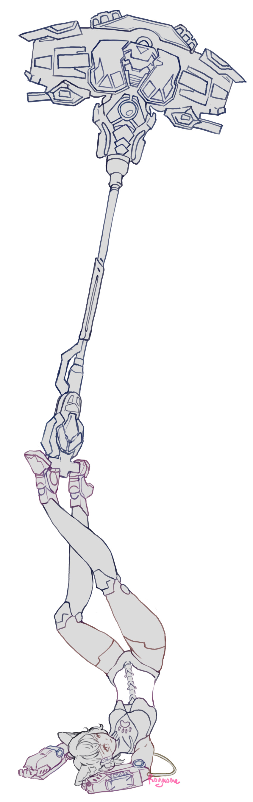 absurdres, animal_ears, cat_ears, cat_girl, ene_(tower_of_fantasy), greyscale, hammer, highres, monochrome, non-web_source, robot_girl, science_fiction, short_hair, sketch, tower_of_fantasy, weapon