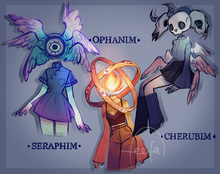 3girls, angel, angel_wings, bare_shoulders, biblically_accurate_angel, cherub, denim, dress, extra_eyes, feathered_wings, feathers, feefal, fire, highres, jeans, long_hair, mini_wings, multiple_girls, multiple_wings, original, pants, personification, seraph, short_sleeves, signature, simple_background, white_wings, wings