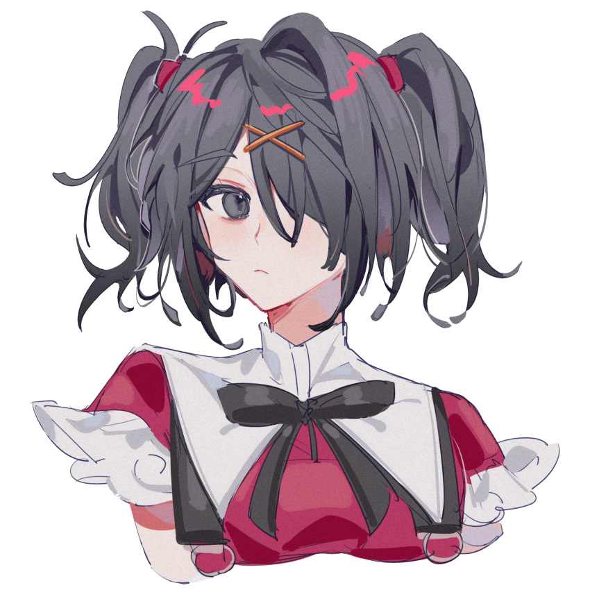 1girl, ame-chan_(needy_girl_overdose), bangs, black_hair, black_ribbon, closed_mouth, collar, collared_shirt, grey_eyes, hair_ornament, hair_over_one_eye, hair_tie, hairclip, highres, italy-cute, looking_to_the_side, neck_ribbon, needy_girl_overdose, red_shirt, ribbon, shirt, short_sleeves, simple_background, solo, twintails, upper_body, white_background, white_collar, x_hair_ornament