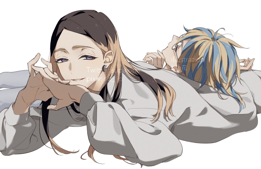 2boys, alternate_hairstyle, artist_name, bangs, blonde_hair, blue_hair, blush, brothers
