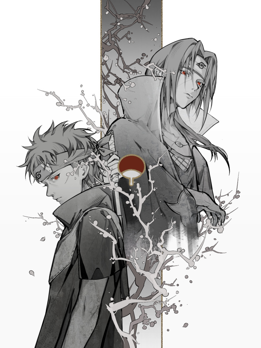2boys, akatsuki_uniform, black_hair, closed_mouth, collar, forehead_protector, highres, holding