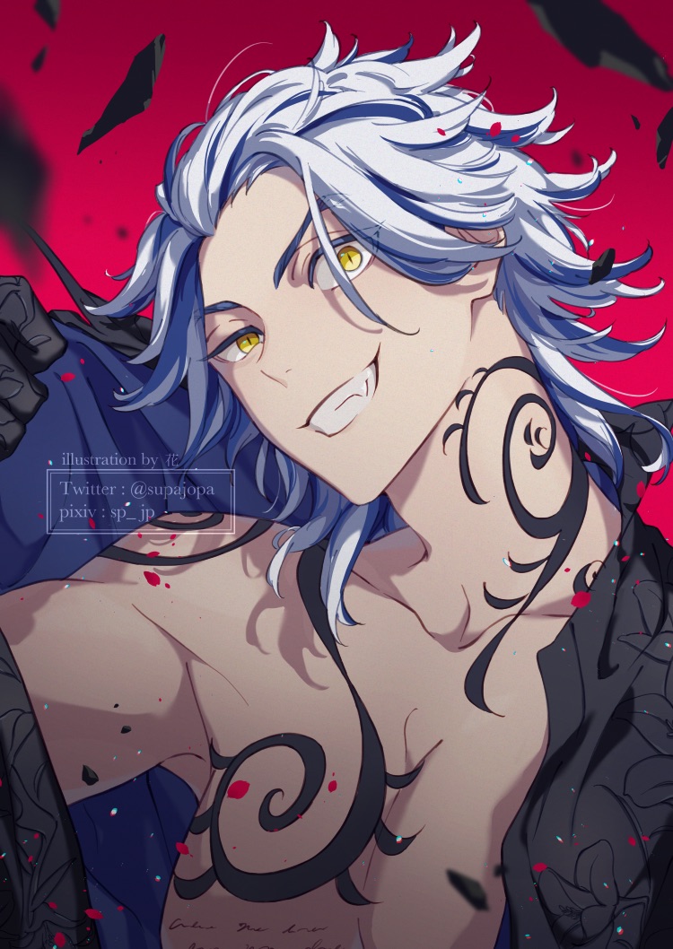 1boy, arm_up, artist_name, bangs, bare_shoulders, black_gloves, black_jacket, blue_hair, chest_tattoo, collarbone, commentary, fang, floral_print, gloves, grin, head_tilt, hua_(supa_jopa), jacket, looking_at_viewer, male_focus, multicolored_hair, neck_tattoo, open_clothes, open_jacket, parted_bangs, pectorals, red_background, shiba_taiju, sidelocks, slit_pupils, smile, solo, streaked_hair, tattoo, teeth, tokyo_revengers, twitter_username, upper_body, v-shaped_eyebrows, watermark, white_hair, yellow_eyes