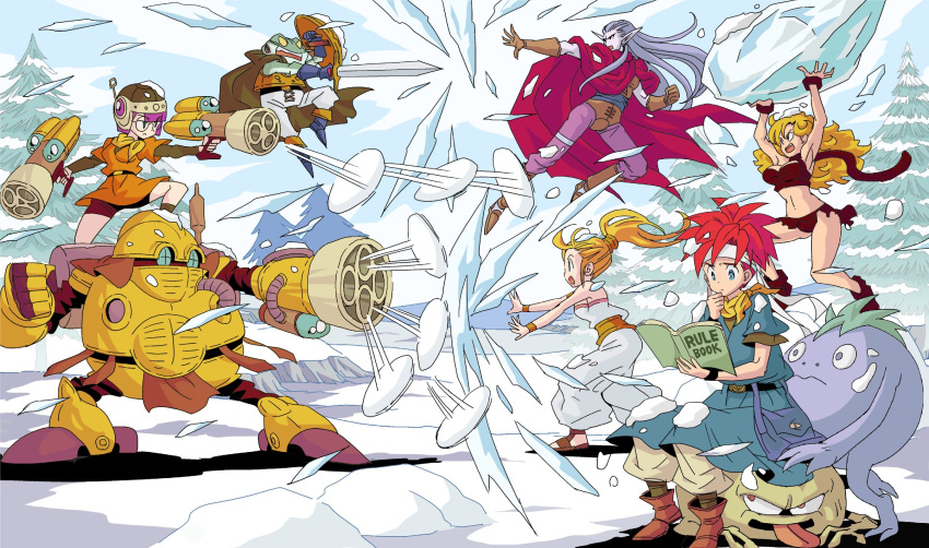 3girls, ayla_(chrono_trigger), belt, bike_shorts, blonde_hair, breasts, chrono_trigger, closed_mouth, crono_(chrono_trigger), curly_hair, frog_(chrono_trigger), full_body, glasses, headband, helmet, highres, jewelry, long_hair, lucca_ashtear, magus_(chrono_trigger), mai_iwaizumi, marle_(chrono_trigger), medium_hair, multiple_boys, multiple_girls, nu_(chrono_trigger), open_mouth, ponytail, purple_hair, redhead, robo_(chrono_trigger), robot, scarf, short_hair, smile, snow, spiky_hair, sword, weapon